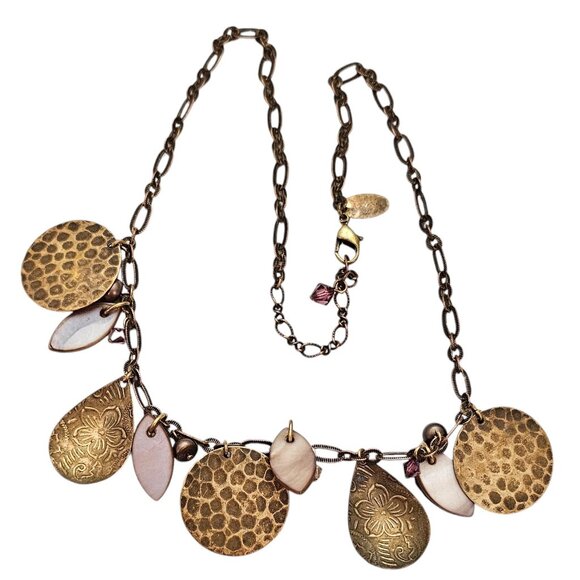 Liz Palacios Hammered Disc Copper Pearls, Pink Crystal, Rhinestone Necklace L470 - Picture 6 of 8